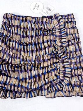 Lost + Wander Mini Skirt Size L Purple Black Ruffle Abstract Animal Print NWT